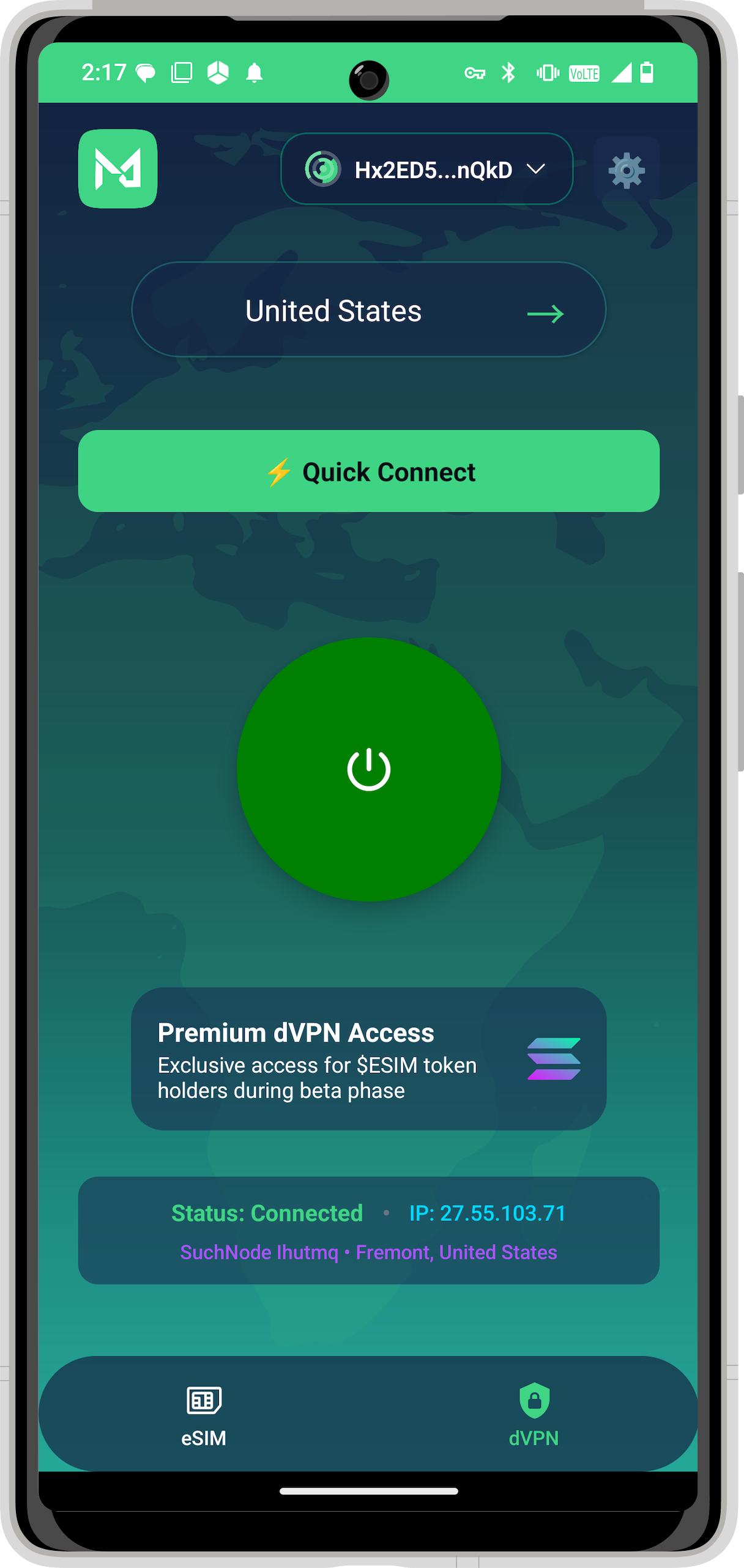 Mukon Mobile — dVPN connection screen